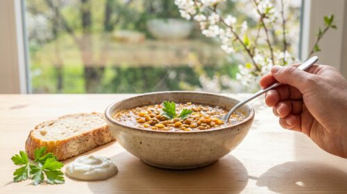 Sytý mírně kořeněný čočkový guláš ochrání vaši kapsu